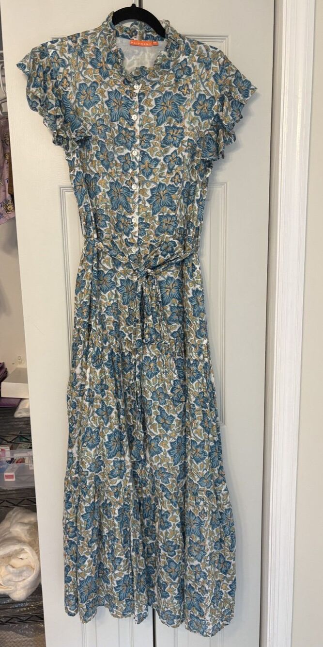 Oliphant Ruffle Collar Button Maxi Dress Size M Ivy Blue/Gold